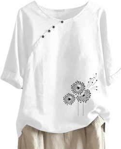 Women's 3/4 Sleeve Top Cotton Linen Blouses Dressy Casual Round Neck Tunic Shirt Summer Fashion 2024 Loose T Shirts Tops Dress Shirts for Women Trendy (White-b,Small)