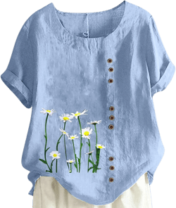 Tee Shirts for Women Fall Summer Short Sleeve Crewneck Linen Daisy Floral Loose Fit Long Tee Shirt Tops Women 2024 T-329 Light Royal Blue X-Large