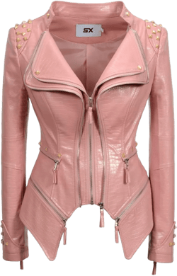 Fashion SX Women's Punk Studded Faux-alligator Print Pattern PU Leather Jackets Zipper Moto Biker Coat XX-Large Pink