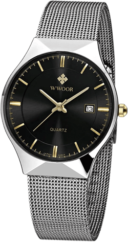 MASTOP Men Watch Ultra Thin Watches Stainless Steel Mesh Band Quartz Wristwatch Fashion Date Waterproof Watches (Black Silver)