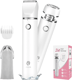 Bikini Trimmer and Shaver Kit for Women - 2-in-1 Wet/Dry Electric Body Hair Trimmer Facial Hair Removal Cordless Waterproof Bikini Shaver Razor for Face Lip Chin Pubic Underarm Legs (White)
