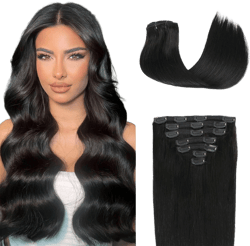 Real Human Hair Clip in Extensions - 100g 7PCS Brazilian Virgin Straight Hair With 16 Clips - #1B Color (18 Inch)