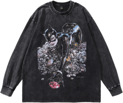 Men Long Sleeve Shirt Printed Heavy Washing Long Sleeve T-shirt Men and Women Street Trendy Brand Distressed