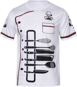 JEATHA Men Chef Coat Printing Fancy Dress Shirt Casual Short Sleeves Top Chef Jacket Print T-Shirt White XX-Large