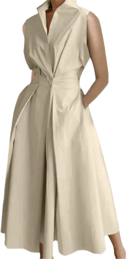 Empire Waist Dress Cotton Dress Maxi Dress Shirt Dresses for Women Sleeveless Dress Long Beige Dress Pleated Dress, Medium