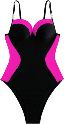 WDIRARA Women's Color Block Pearls Push Up One Piece Swimsuit Monokini Bathing Suit