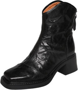 TinaCus Women's Handmade Genuine Leather Back Zip Square Toe V-Cut Platform Mid Block Heel Ankle Boots 5.5 Black