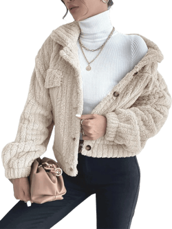 Women's Lapel Long Sleeve Button Down Rabbit Plush Jacket Casual Cropped Fleece Coat Small Beige