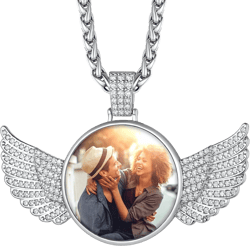 ChainsHouse Personalized Custom Picture Pendant Necklace for Women Men, Stainless Steel/18K Gold Plated Oval/Round/Heart/Frame/Wing/Hamsa Hand/Evil Eye Text Engrave Photo Customized Jewelry E: CZ Wing-Silver