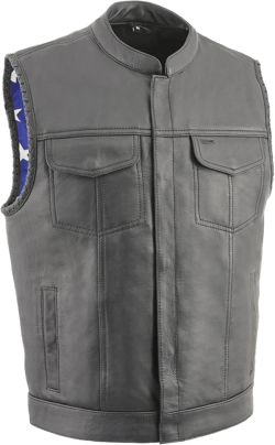 Milwaukee Leather Men's Leather Club Style Biker Vest - Braided Armholes - Flag Liner - Red, Grey, White & Black Variations Black Stitching Medium