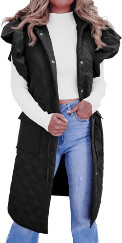 Tankaneo Womens Long Puffer Vests Fashion Ruffle Sleeve Quilted Gilet Coats Winter Hooded Down Jacket Vest Black Small