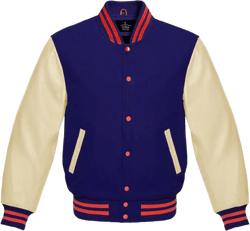 Varsity Jacket Baseball Letterman Bomber Wool & Light Cream Genuine leather Sleeves With Red Stripe X-Small Navy Blue