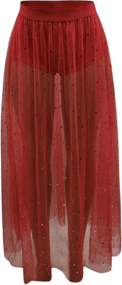 Women's 2 in 1 Sheer Mesh High Waist Galaxy Print A Line Maxi Skirt Satin Midi Skirts Small Red