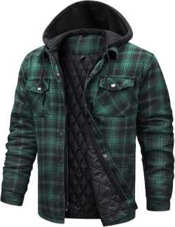 CHEXPEL Flannel Jackets for Men Long Sleeve Plaid Shirt Jacket Quilt Lined Hooded with Button Down Winter Coat Army Green Large
