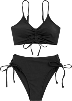 ZAFUL Women V Neck Bikini Set Ruched Tie Front High Waisted Floral Print Ribbed 2 Piece Bathing Suit Swimsuits Medium Black