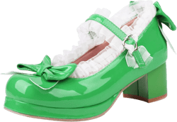 SHEMEE Women's Kawaii Sweet Bow Cosplay Dress Shoes Chunky Platform Mid Block Heels Buckle Ankle Strap Mary Jane Pumps 11 Patent Green
