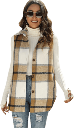 Tanming Women's Plaid Vest Brushed Flannel Sleeveless Shacket Shirt Jacket with Pockets Large Khaki
