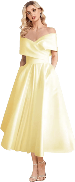 Women's Off Shoulder Wedding Dress for Bride Tea Length A Line Satin Formal Prom Dresses with Pockets Yellow 0