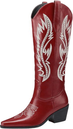 LingxiaUne Red Embroidered Cowboy Boots For Women Stylish Western Cowgirl Boot With Pointed Toe Chunky Block Heel Comfortable Shoes Mid Calf Boot For Party Prom Music Festival Pull On