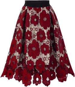 chouyatou Women's Beautiful Hollow-Out Floral Lace High Waisted A-Line Midi Long Skirt (Small, Red)