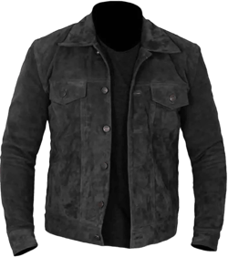 Men's Western Trucker Leather Smart Fitted Denim Shirt Style Stud Button Jacket Medium Black Suede