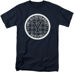 LOGOVISION Official Collegiate Distressed Plaid Badge Short Sleeve Unisex for Men & Women Cotton T Shirt Collection 2 X-Large Yale University