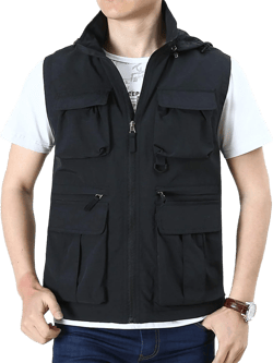Flygo Men's Utility Casual Hooded Outdoor Work Fishing Travel Photo Vest Jacket with Pockets X-Large Black