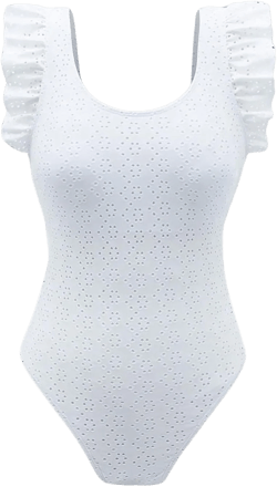 MakeMeChic Women's Ruffle Trim One Piece Swimsuit Eyelet Tie Back Tummy Control Bathing Suit White Small