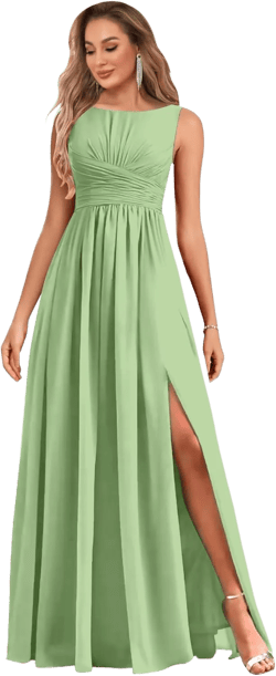 MAGGCIF Chiffon Bridesmaid Dresses Long for Women with Slit A Line Ruched Formal Evening Gowns Sage Green 4