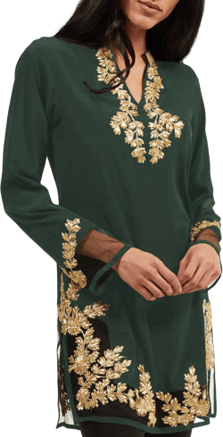 Mahnaz Gold Embellished Long Modest Tunic - Emerald