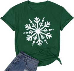 Christmas Shirts for Women Cute Snowflake Graphic Shirts Short Sleeve Funny Print Tee Medium Green
