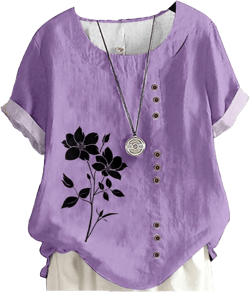 MARSVOVO Womens Linen Tops Floral Graphic Tunic Shirt Casual Slim Comfy Crew Neck Short Sleeve Tee Shirt Plus Size Outdoor Lightweight Cotton Blouse High Waist Summer Tops,L