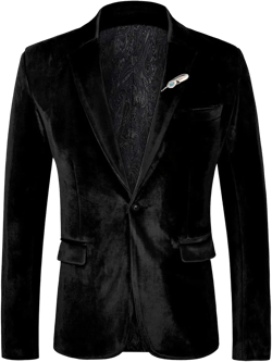 WEEN CHARM Velvet Blazer for Men Slim Fit One Button Sport Coat Tuxedo Jacket for Prom Wedding Party Dinner Black Small