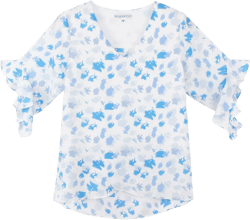 MAKARTHY Women's 3/4 Sleeve Work Blouses Ruffle Dressy Top V Neck Casual Chiffon Tunic Blouses Flowy Business Shirts X-Large 34 Sleeve-a-blue