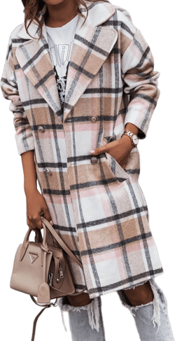Plaid Trench Coat Winter Coat Women's Long Sleeve Checked Woolen Coat Casual