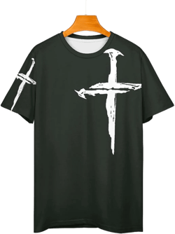 HOTYD Men Shirt Vintage Oil Painting Faith Jesus Cross Print Casual T-Shirts Crewneck Short Sleeve Christian Shirts for Men Small 30 Green