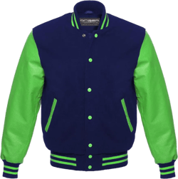 AMBER American Letterman Jacket Varsity Jacket School Jacket Baseball Jacket Black Wool & Green Leather Sleeves Navy Large