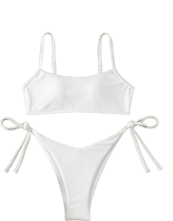 MakeMeChic Women's 2 Piece Bathing Suits Ribbed Tie Side Thong Bikini Set Swimsuit X-Small White