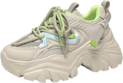 FINNUU Women's Shoes Sneakers Thick Bottom Colorblocking Chunky Casual Mesh Breathable Leather Fashion Lace-up Shoes Platform Shoes for Women 36 Green