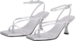 PiePieBuy Women's Lace Up Heeled Sandals Square Flip Flop High Heels Strappy Party Shoes Silver 9.5