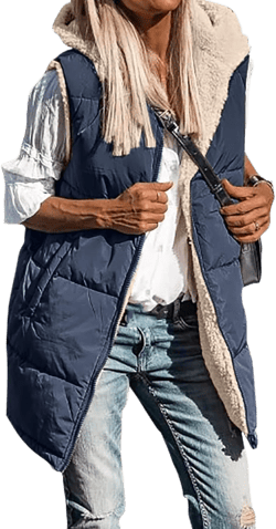 Reversible Puffer Vest Women, Long Vest for Women Sleeveless Fleece Jacket Zip Up Hoodie Quilted Vest Winter Coat Navy XX-Large