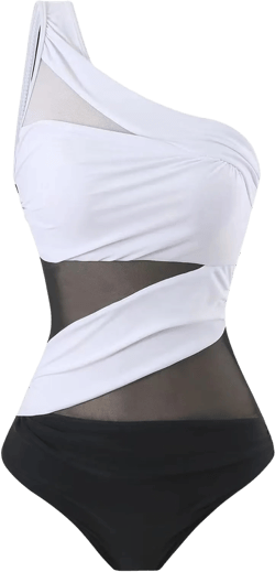 Runtlly Women's One Piece Swimsuits One Shoulder Plus Size Swimwear Bathing Suit with See Through Mesh Style XX-Large Blackwhite Pj