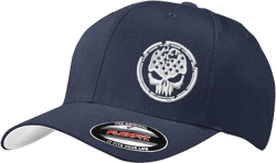 American Flag Distressed Skull Shield Logo Embroidered 6277 Flex Fitted Baseball Hat