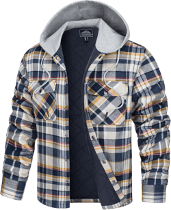TACVASEN Mens Flannel Jacket with Hood Thick Plaid Flannel Shirts Quilted Lined Long Sleeve Winter Cotton Coat Button Down Yellow Small