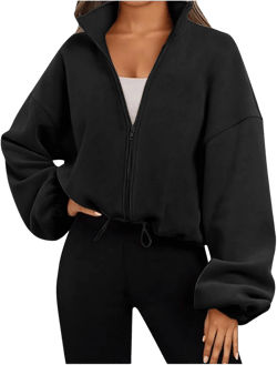 Womens Zip Up Hoodie Oversized Sweatshirt Fleece Cropped Jacket Trendy Fleece Jacket Travel Stretchy Jackets Utility
