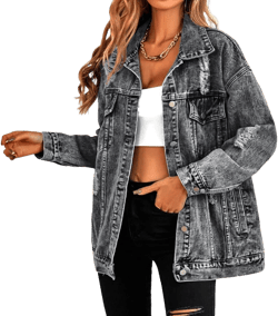 Oversize Denim Jacket for Women Ripped Jean Jacket Boyfriend Long Sleeve Trucker Coat XX-Large Black