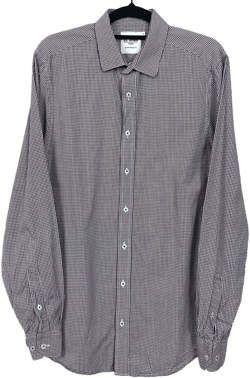 Ben Sherman Brown White Checkered Skinny 100% Cotton Long Sleeve Button Up Business Polo Dress Shirt 39 C100
