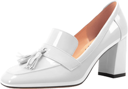 DearOnly Womens Patent Leather Loafers Square Toe Mid Chunky Block Heel Pumps Slip-on Tassel Loafers Office Dress Shoes 3.2 Inches Heels 5 White