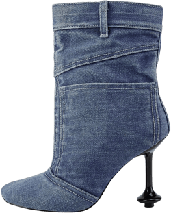 Vintage Denim Stiletto High Heeled Cowboy Pockets Boots for Women, Mid Wide Calf Round Toe with Metal Button for Fashion Dress Booties 8 Blue