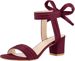 Perphy Women's Ankle Tie Pleated Lace Up Chunky Heels Sandals Burgundy 10